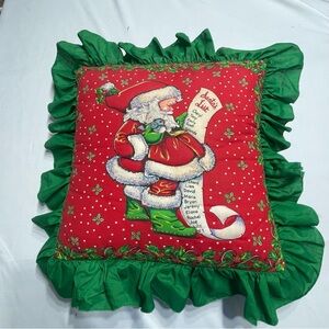 Festive Santa Claus Holiday Pillow with Green Ruffle. Vintage. Handmade. Used.